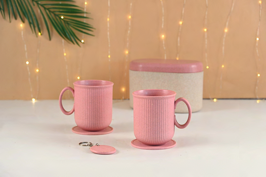 Pink Eha mugs, coasters and a matching gift box