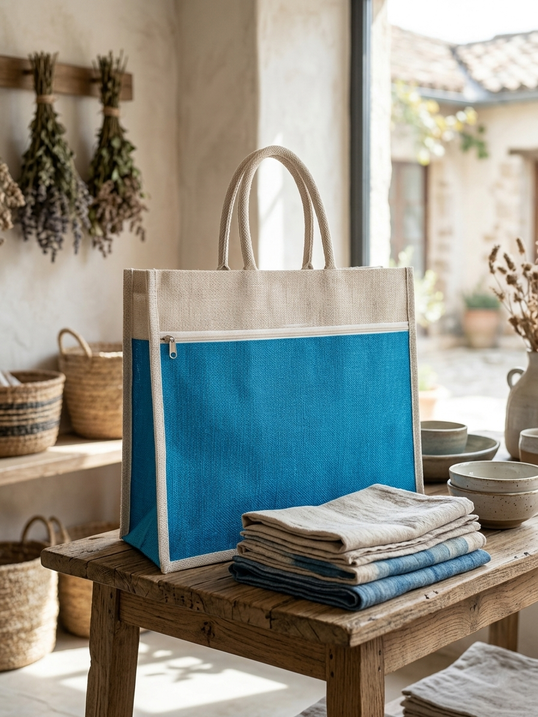 A natural-tone tote with a blue front pocket from the Vedansh collection