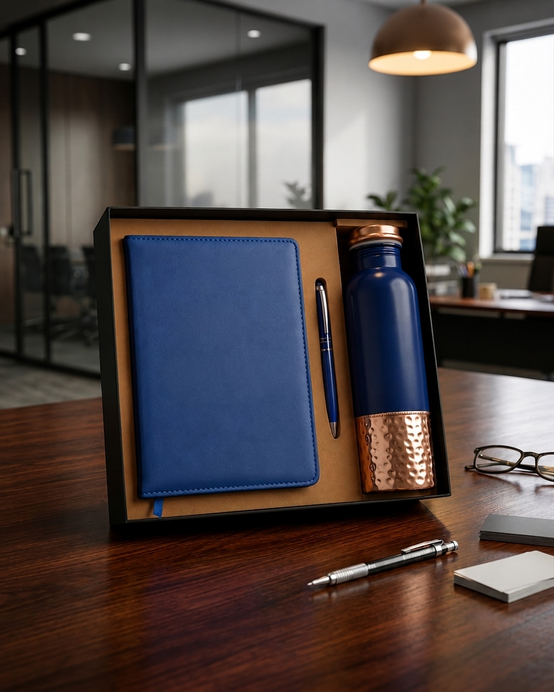 A notebook, pen and bottle presented in a gift box from the Vedansh collection